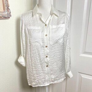 Michael Kors White Satin Finish Gold Tone Button Front Blouse Size Small Petite